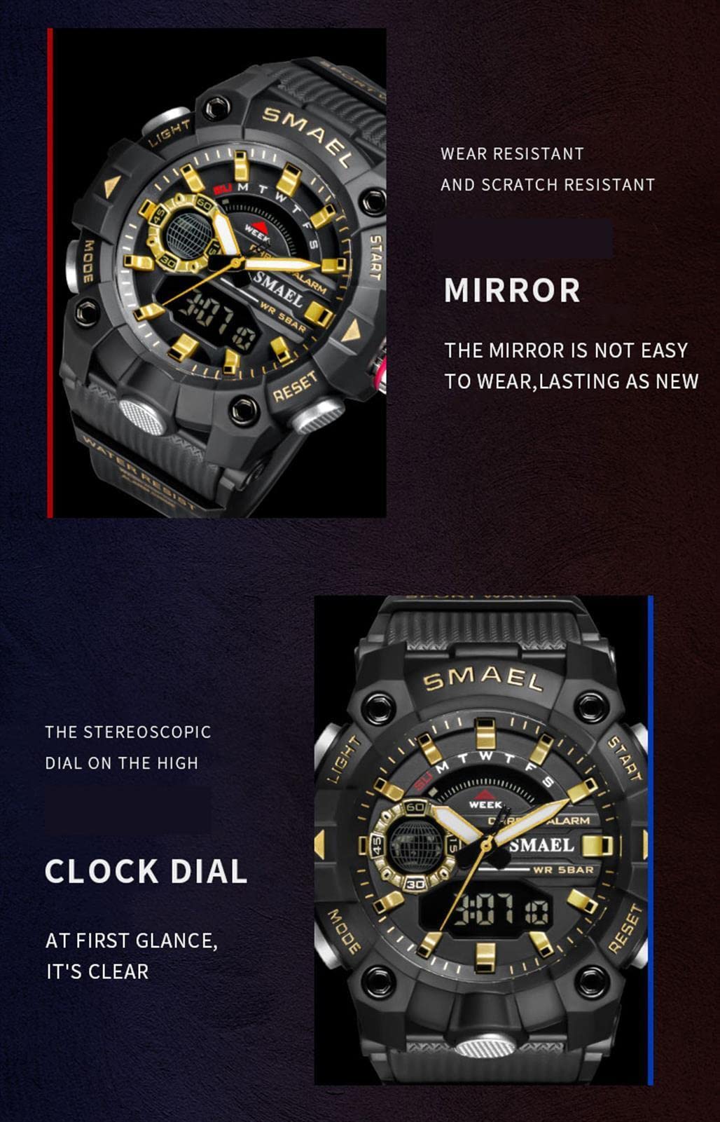 Orologi Sportivi per Uomini, Orologi Militari A Doppia Display Luminosi Multifunzionali, Orologio al Quarzo Multi Dial-Quadrante Analogico, con Allarme