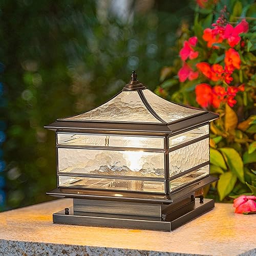 Vista 3 de XADMIN Luz de pilar al aire libre de vidrio de cobre vintage para patio y césped, lámpara de columna, tapa de poste de farol, valla de jardín