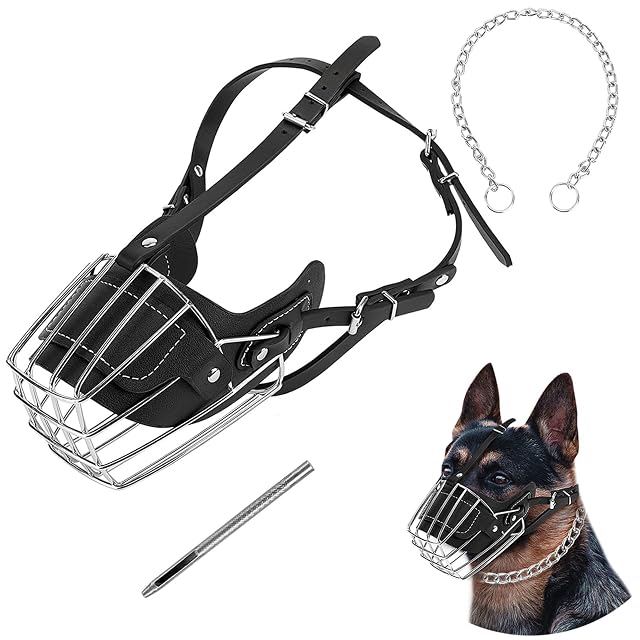 Bozal para Perro, Cesta de Cara de Metal para Perro, Correa de Cuero Transpirable y Ajustable