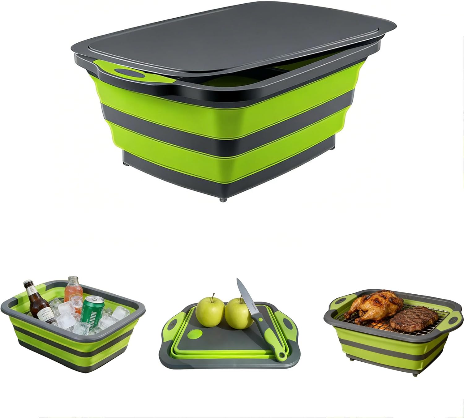 3-in-1 Folding Cutting Board, Collapsible BBQ Prep Tub with Lid, 9L Container with Strainer, PP+TPR Material Cutting Board, Chopping Board Folds to 1.5Inch Slim for RV, Camping & Small Kitchen(Green）