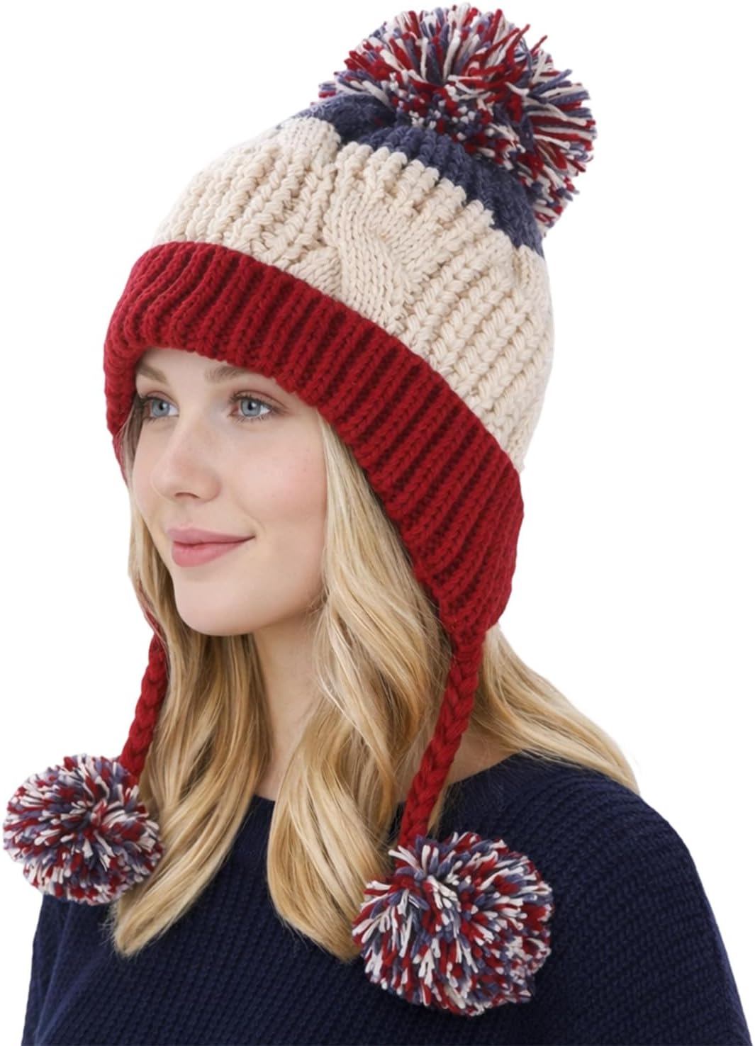 Women Winter Peruvian Cover Ears Beanie Hat Ear Flaps Sherpa Ski Snow Hats Knit Fleece Lined 3 Pom Pom