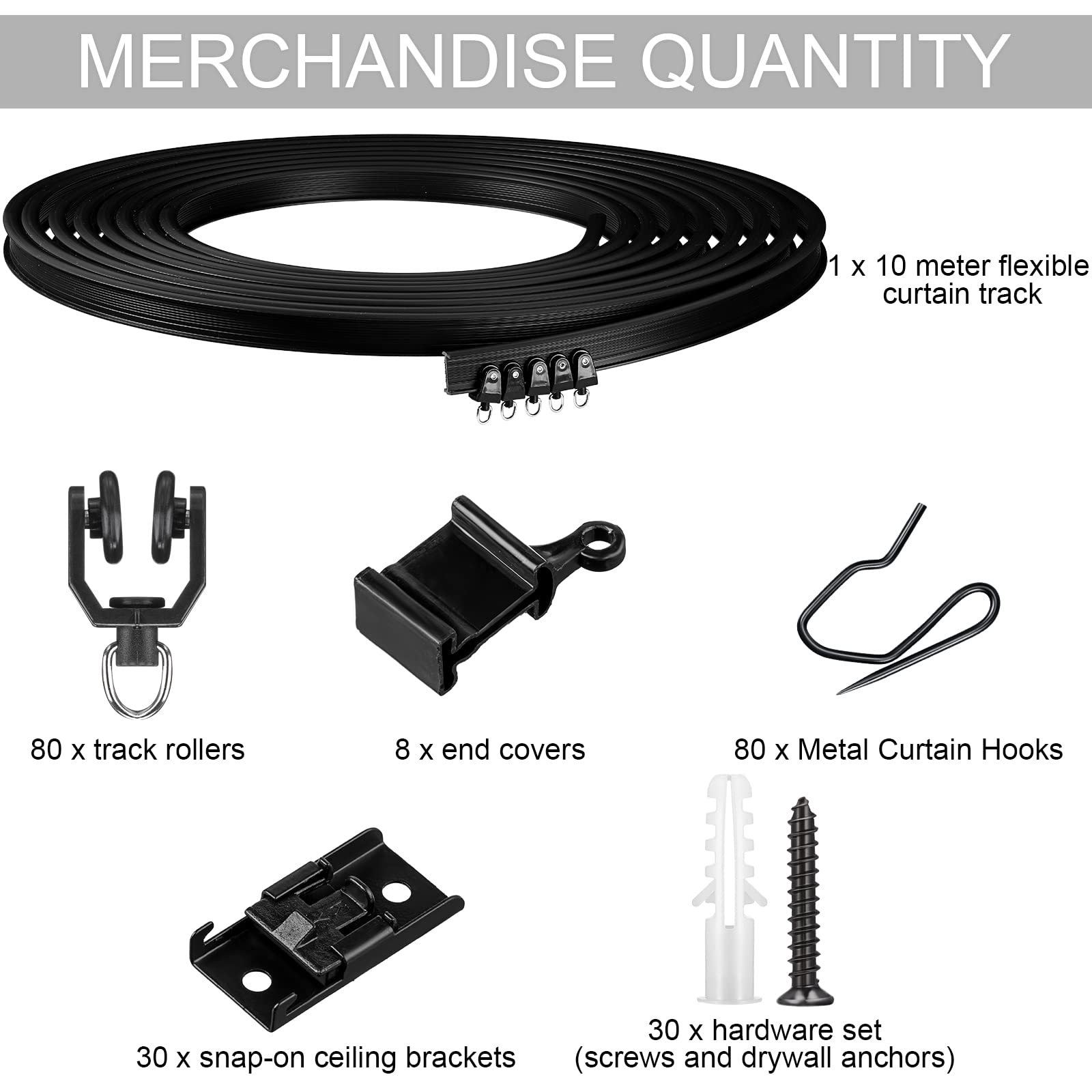 Flexible Bendable Ceiling Curved Curtain Track Mount Windows Shower Curved Track for Curtain Rail with Track Curtain System RV Curtain Track Bed Curtains Room Divider (Black, 10 Meter/ 32.8 Feet)