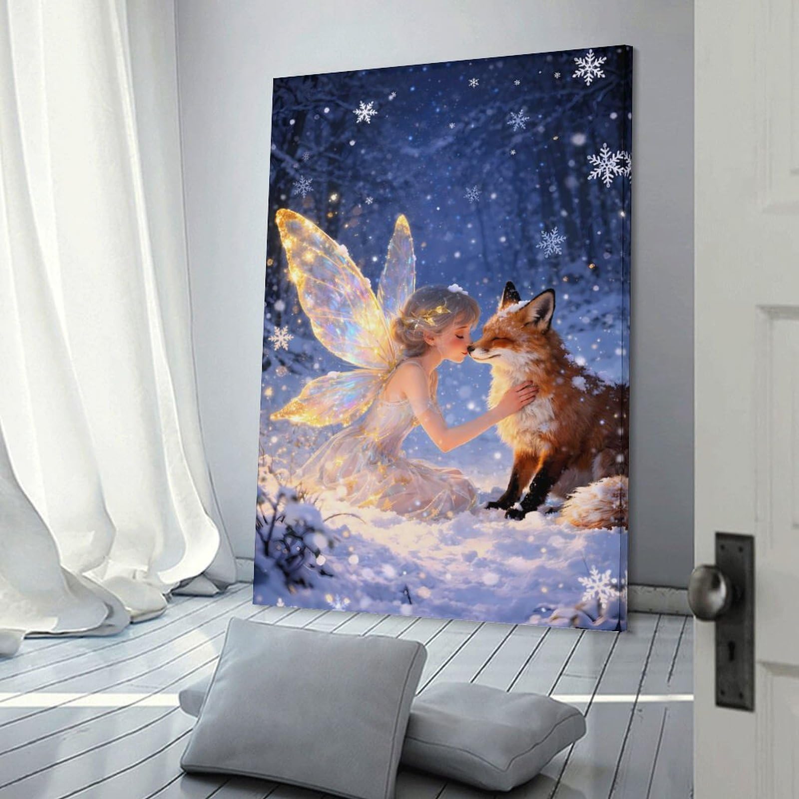 Junmoney Frame-Style-18 Canvas Wall Art Winter Fairy With Fox In Snowy Forest, 24X36inch(60X90cm), For Lounge Decor, Bedroom Walls Or Flats, Eye Catching Artwork For Blank Walls