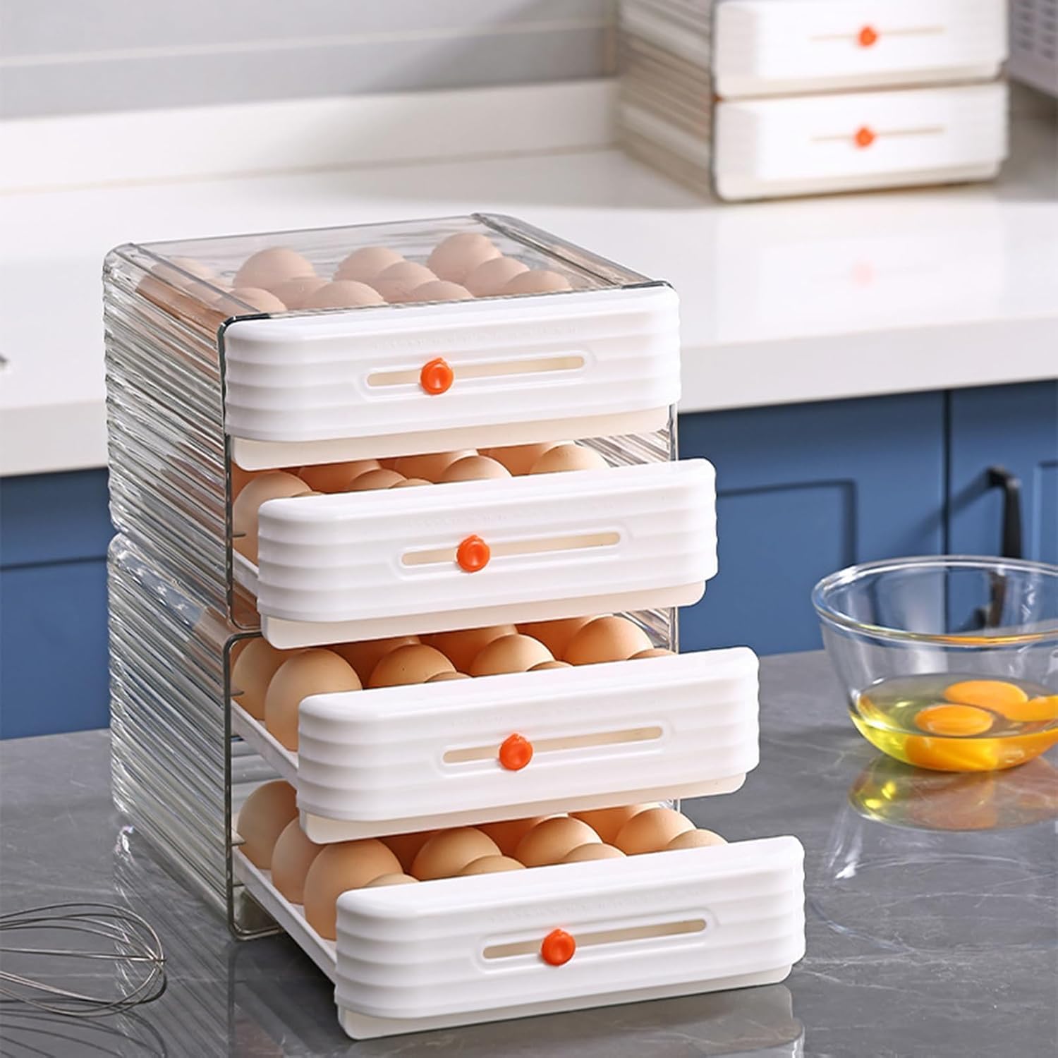 Egg Holder for Fridge 2-Layer Stackable Refrigerator Egg Storage Organizer with Data Slider 32 Grids Drawer Type Egg Holder BPA Free Clear Plastic (White)