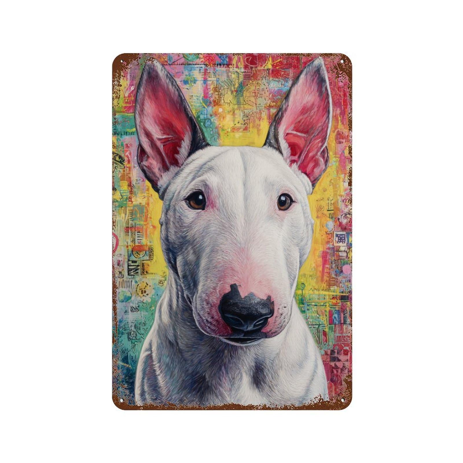 Garage Style Colorful Bull Terrier Portrait -3 Distressed Metal Wall Sign 11.8"x7.9", Classic Wall Plaque for Bar And Workshop