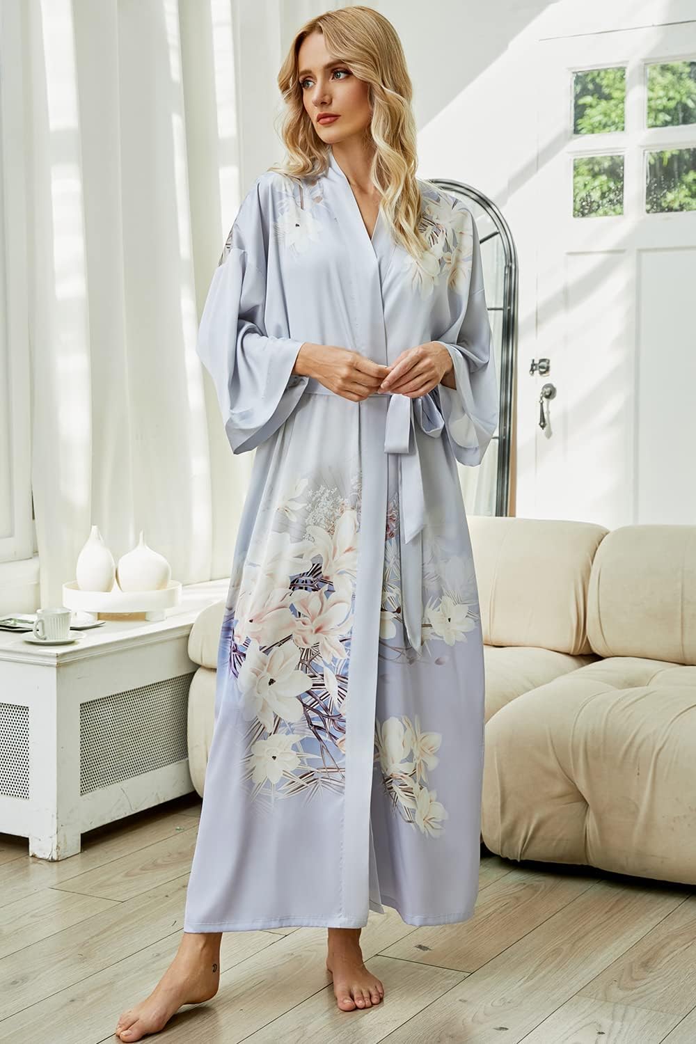 Women's Long Kimono Robe Floral Silk Robe Satin Silky Bathrobe Sleepwear Bridesmaid Wedding Robes - Image 3
