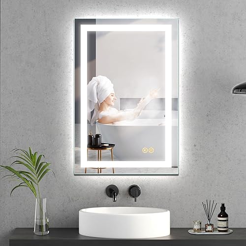 Espejo de baño con luces, 16 x 24 pulgadas, espejo iluminado ultra brillante, regulable y ajustable a color, antiniebla, espejo de baño LED para