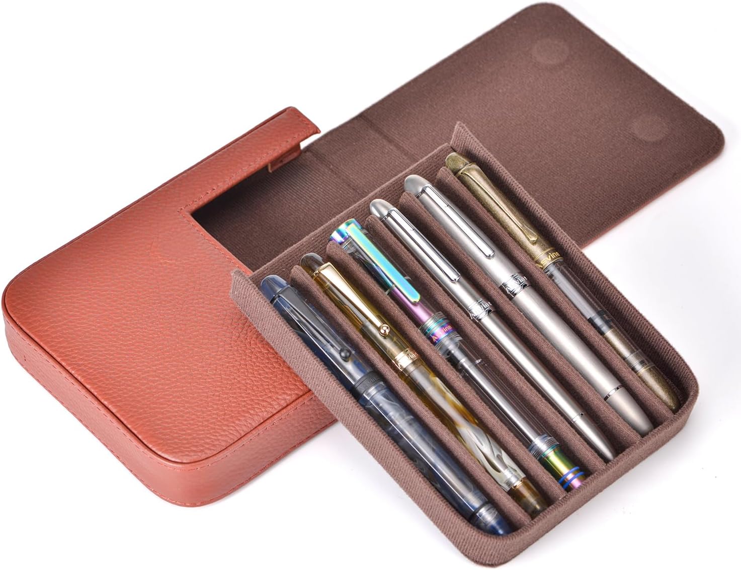 Lanxivi Genuine Leather Fountain Pen Case 6 Slot Coffee Leather Organizer, Portable Pen Bag Pouch Drawer Style