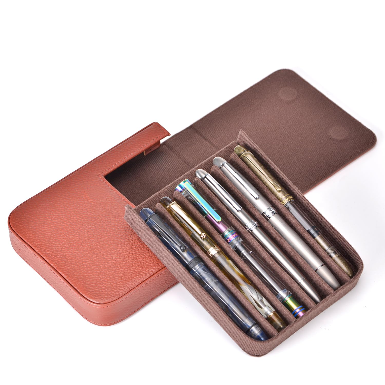 Lanxivi Estuche de Piel auténtica para Pluma estilográfica con 6 Ranuras, Organizador de Cuero café, Bolsa portátil para bolígrafos, Estilo cajón