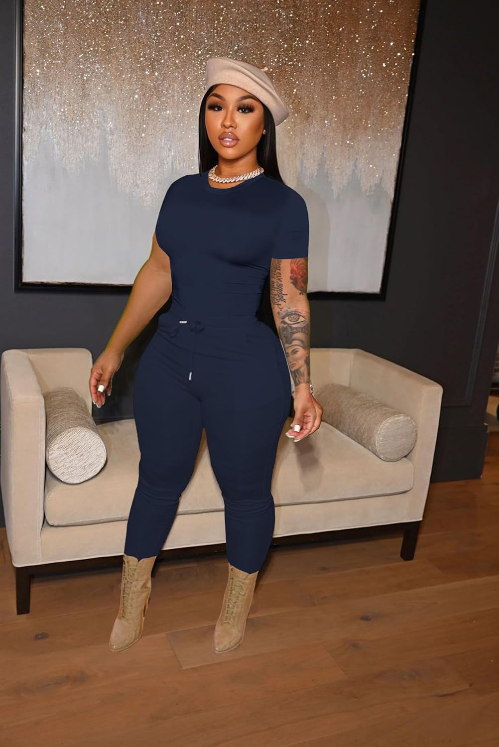 HBQ Women 2 Piece Outfits Sweatsuits Track Suits Crop Tops Biker Long Pants Workout Jogger Sets - Image 2