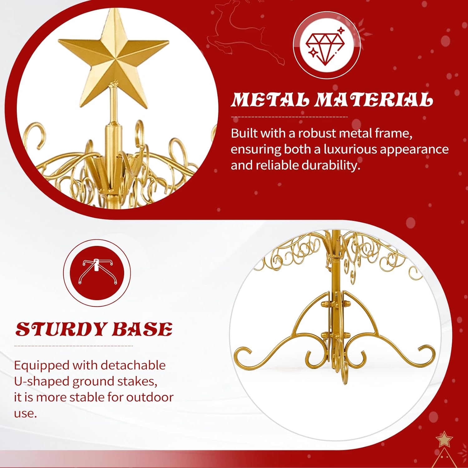 3ft Gold Wrought Iron Christmas Tree with Star Top, Metal Ornament Display Stand for Holiday Decor, Indoor Outdoor Party Decoration Tree