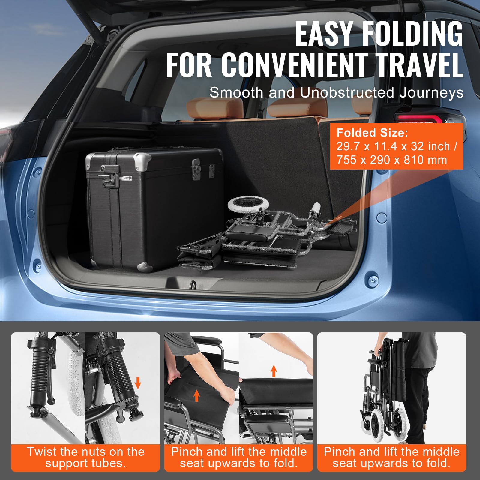 VEVOR Silla de Ruedas de Transporte de Acero al Carbono para Adultos, con Reposabrazos Desmontable, Freno Autoblocante, Capacidad de Peso de 136 kg, para los Discapacitados, 1045 x 770 x 918 mm