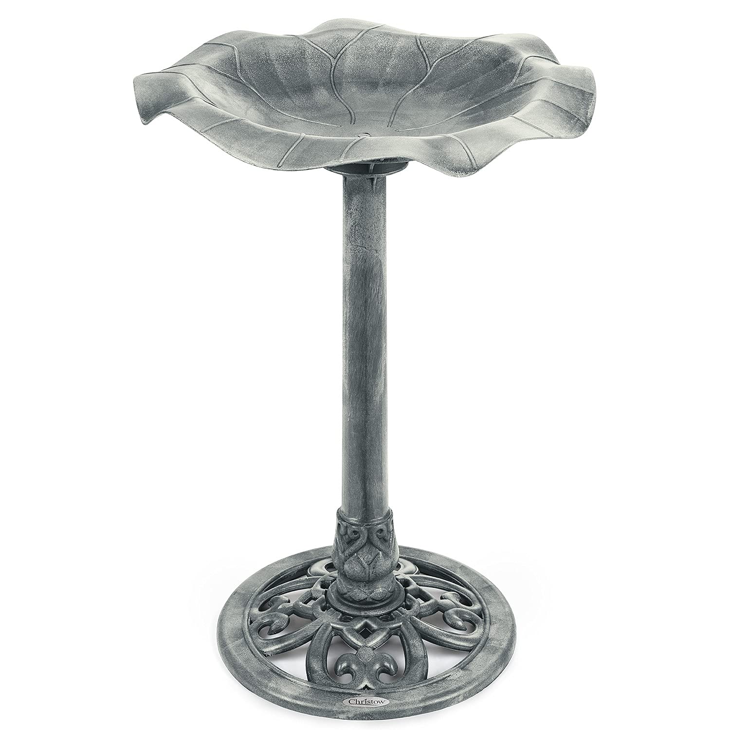 Christow Grey Plastic Resin Bird Bath For Garden, Leaf Shaped Pedestal Birdbath, Traditional Style, Rustic Metal Effect, Standing Outdoor Water Bowl, 60Cm X 43Cm X 43Cm (Grey)