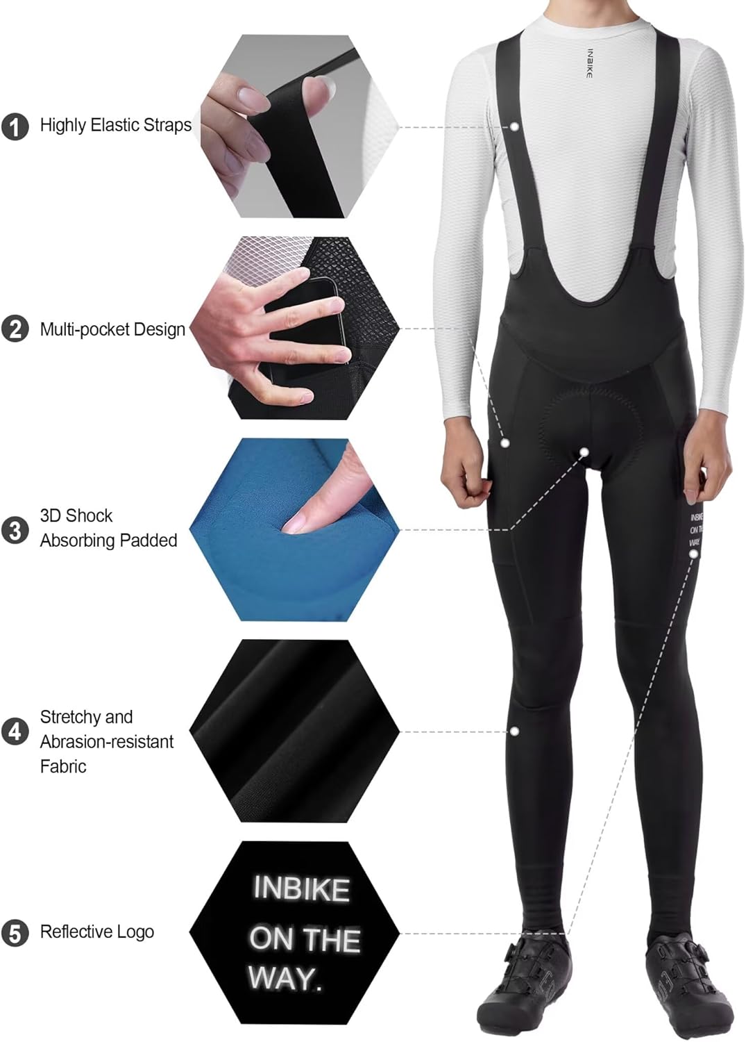 INBIKE 3D Padded Cycling Bib Pants for Men, Breathable Quick Dry Bike Tights, Lightweight Elastic Bike Pants with 4 Pockets - Image 3