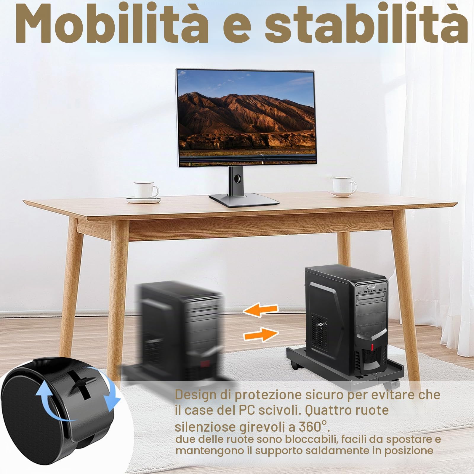 Supporto PC Fisso, Torre Supporto PC con 4 Ruote Bloccabili, Carrello Regolabile(20-30cm) Universale Computer Desktop Tower, sotto Scrivania, Anti-Polvere, Gaming/Ufficio/Casa, Fino a 30kg