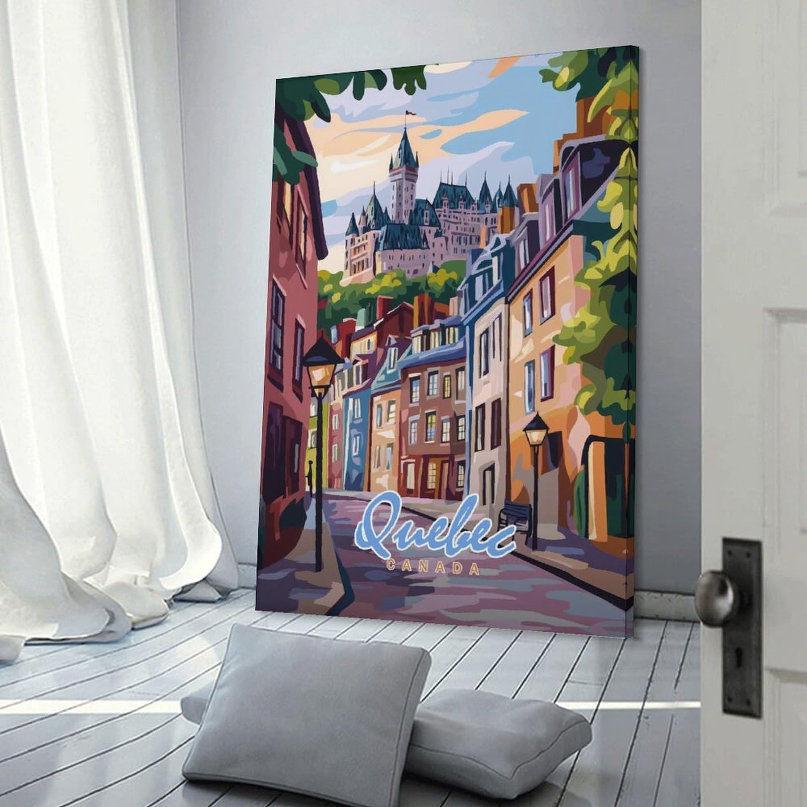 Junmoney Canvas Art Print Quebec City Street Scene, 16x24inch(40x60cm), for New Homes, Bedrooms Or Workspaces, Thoughtful Wall Decor for Art Lovers