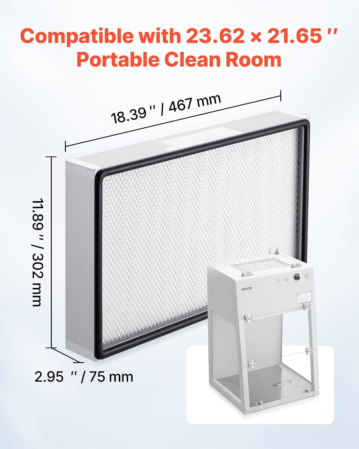 VEVOR Laminar Flow Hood Filter, 18.39 x 11.89 x 2.95 in, 1 Piece HEPA Filter Replacement for 23.62 x 21.65 in Portable Clean Room to Capture Particles Sized 0.3μm, Glass Fiber, Aluminum Frame image 3