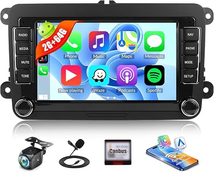 for VW Passat Jetta Golf MK5 MK6 Beetle Touran EOS Tiguan Android Car Stereo, 7 Inch Touch Screen Car Radio 2G 64G CarPlay Android Auto GPS WiFi FM RDS Steering Wheel Control+AHD Backup Camera