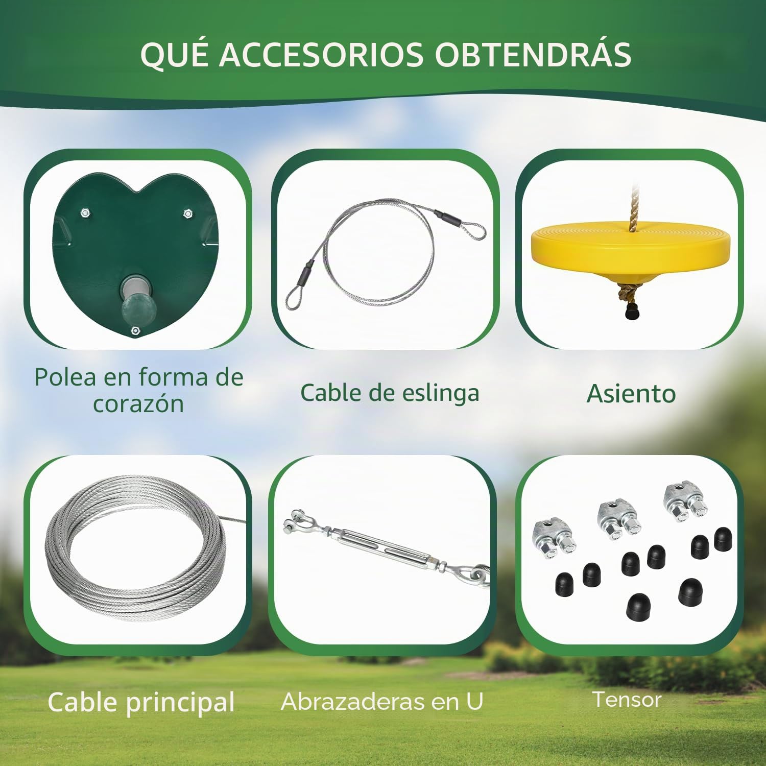 Outsunny Tirolina para niños de 6 a 10 años Tirolina de jardín Asa antideslizante Cuerda ajustable Dispositivo de protección del árbol Capacidad máxima de 80 kg Cable de acero amarillo