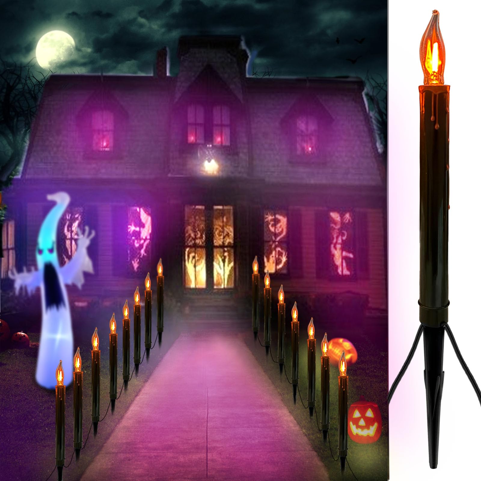 Jasneniebo 10 Pack 20 Ft Flicker Flame Candle Lawn Stakes Extendable Lighted up Garden Party Walkway Driveway Sideway Outdoor Halloween Pathway Lights