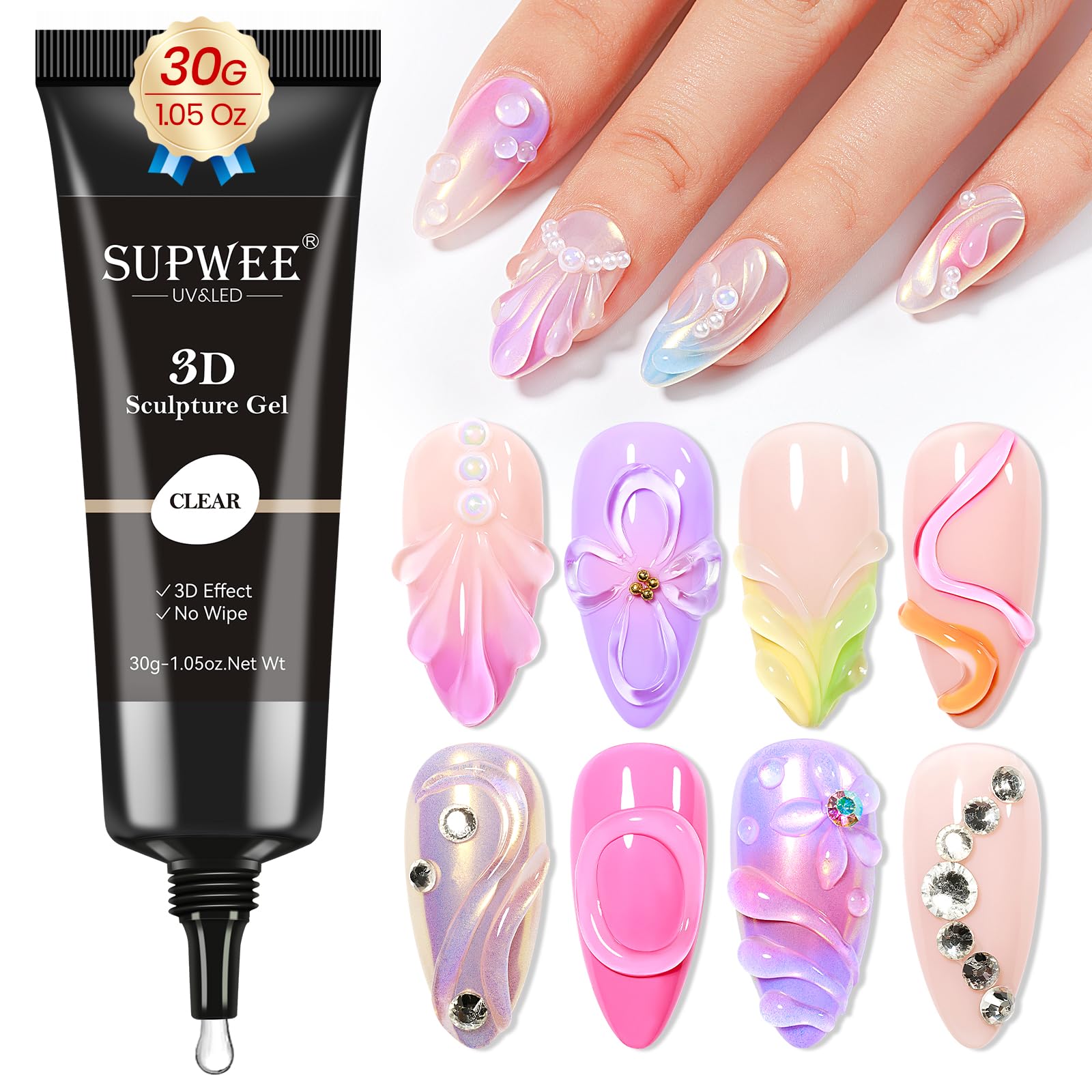 SUPWEE Żelowa rzeźba 3D - 30 G przezroczyste rzeźbienie żelowe 3D Nail Art wielofunkcyjny klej do paznokci Rhinestone do malowania DIY Carved Lakier do paznokci Dekoracja paznokci Manicure