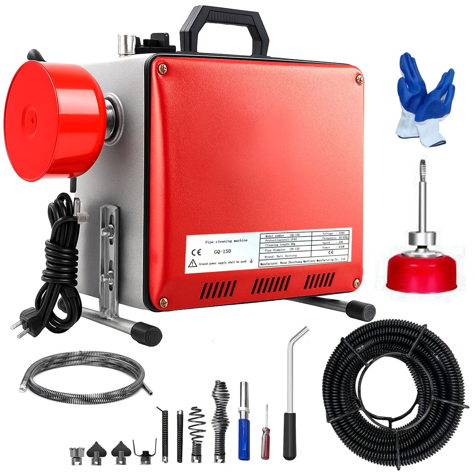 850W Máquina de Limpieza de Tuberías, Limpiador de Desagües Eléctrico de 400 rpm, Desatascador Eléctrico de Tuberías con Espirales de 16mm y 10mm Adecuado para Tubos de Ø20-100mm 20M Spiralen