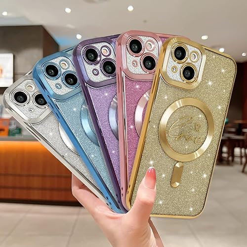 Miniatura 6 de Funda magnética transparente con purpurina para iPhone 14, compatible con Magsafe, diseño de corazón de amor, chapado de lujo, protector completo de