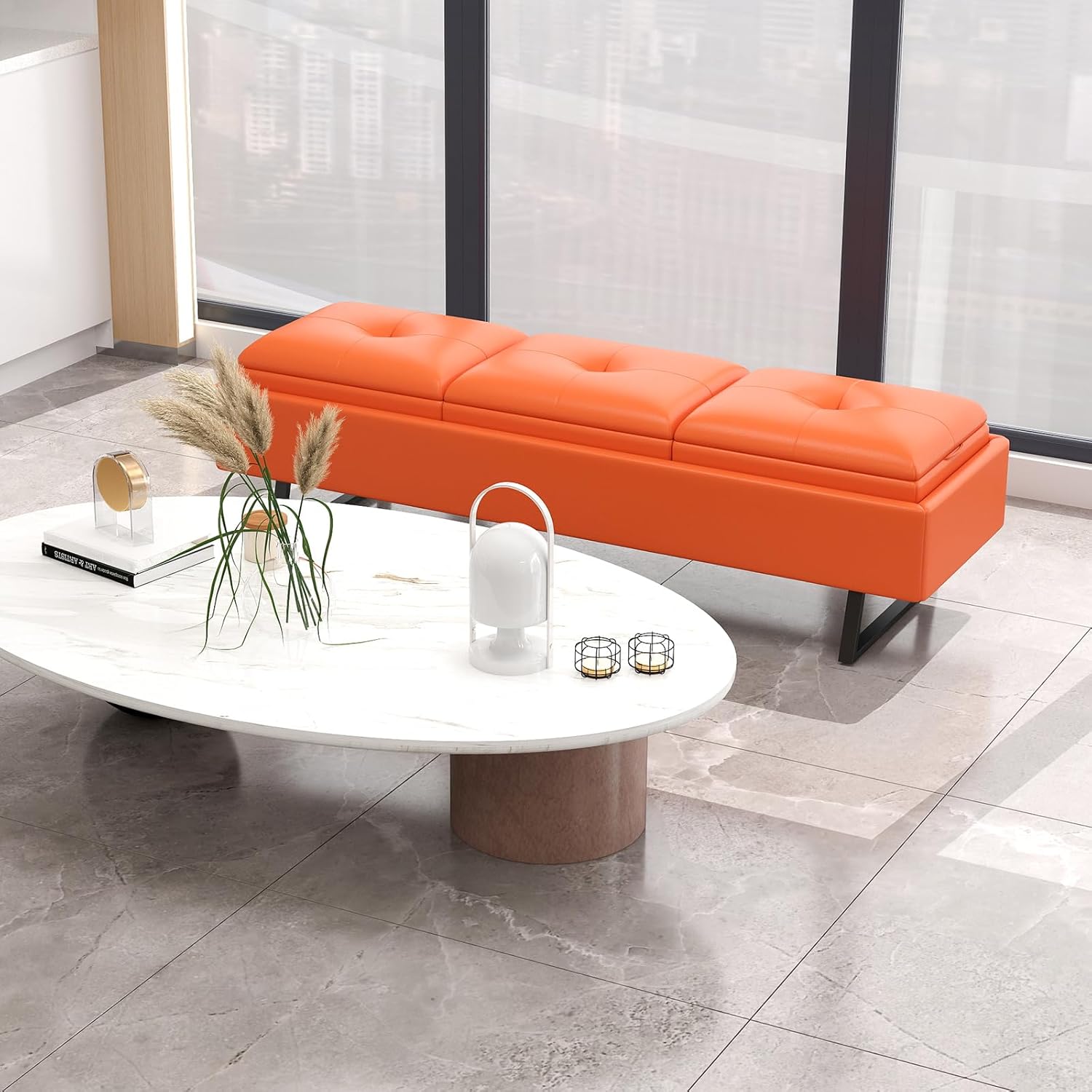 kinbor Waiting Room Chairs - PU Leather Office Guest Chair, 3 Seats Upholstered Reception Bench, Lobby Furniture for Salon, Shop Lobby, Orange