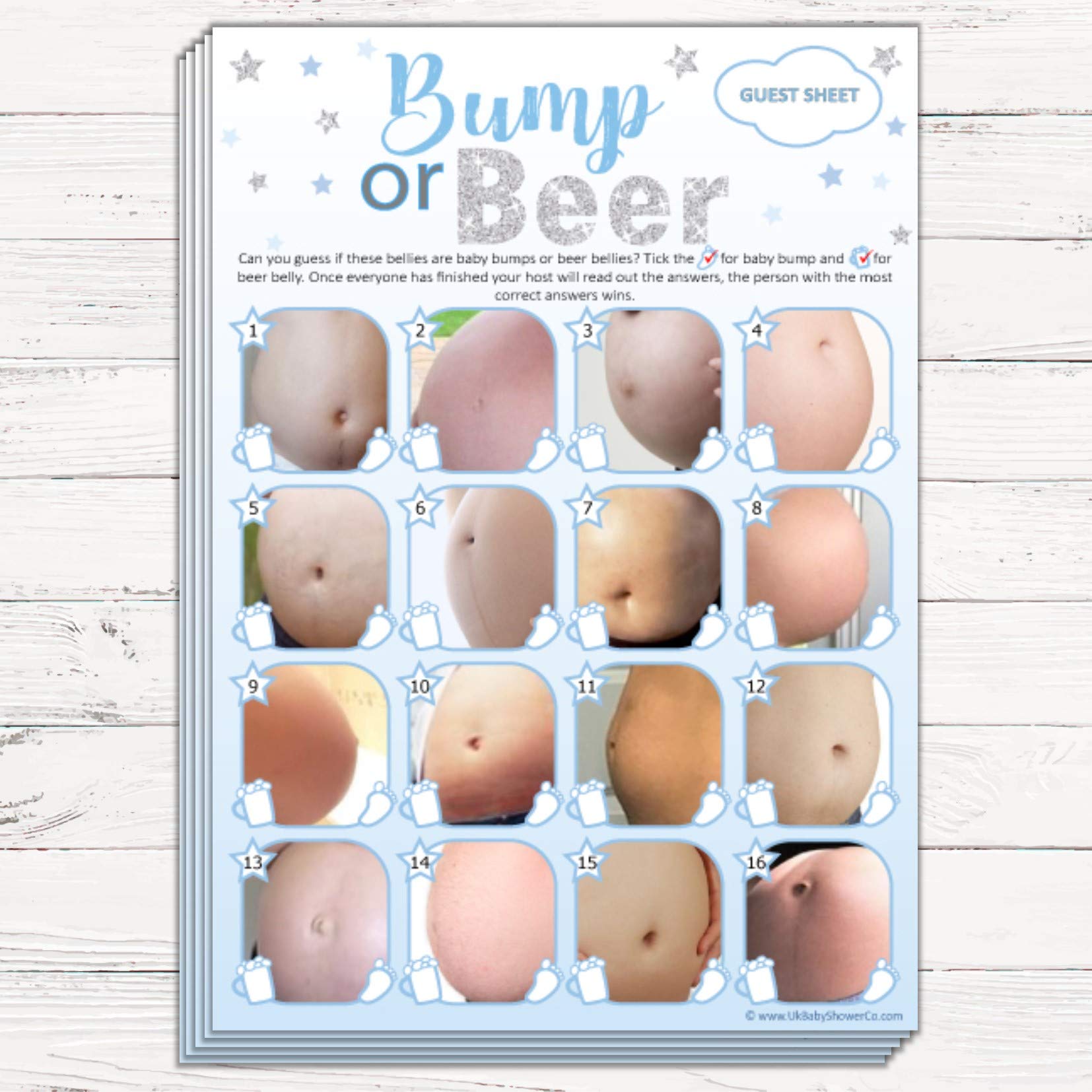 Minimalist Blue Calligraphy "Guess Who?" Baby Shower Game Kit - 30 Double-Sided 5x7 Inch Cards