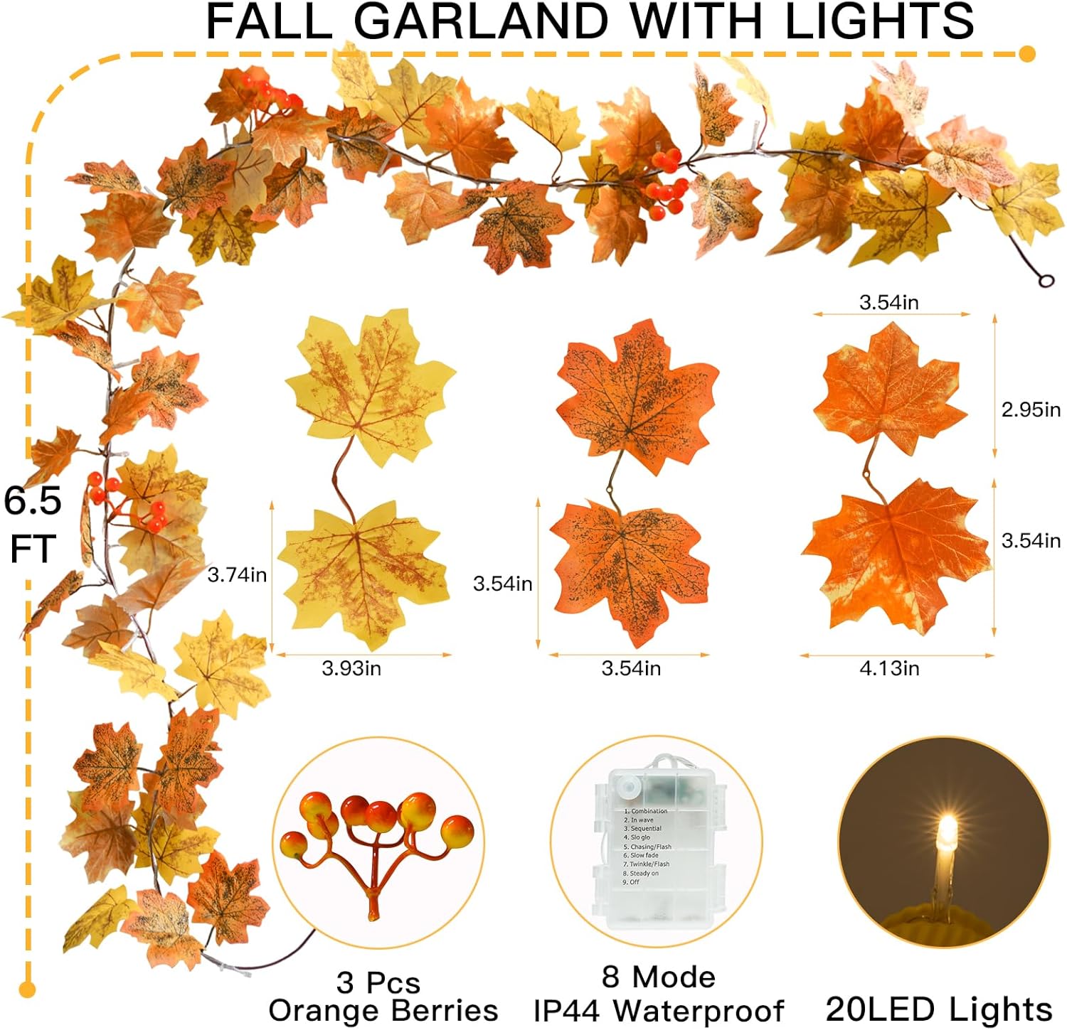 suddus Fall Leaves Garland with Lights, 20LED Battery Operated Fall Lights with Timer, Thanksgiving Decoration for Home, Table, Mantle, Office, Outdoor, Autumn, Halloween, Yellow