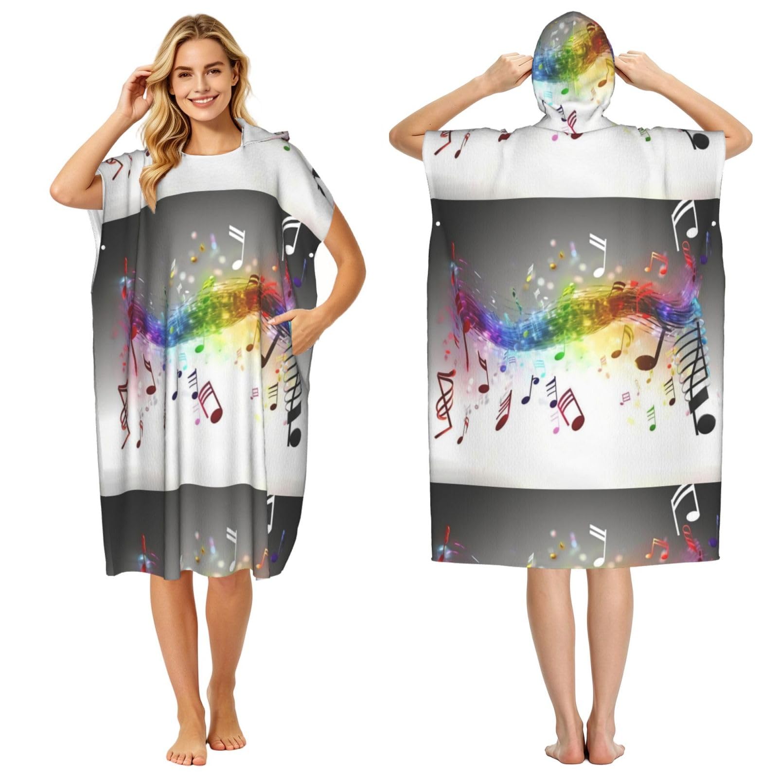 Poadnly Jumping Musical Notes Print, Adult Hooded Beach Towel 90 x 110 cm,Changing Bath Robe, Surf Poncho Towel For Women Men
