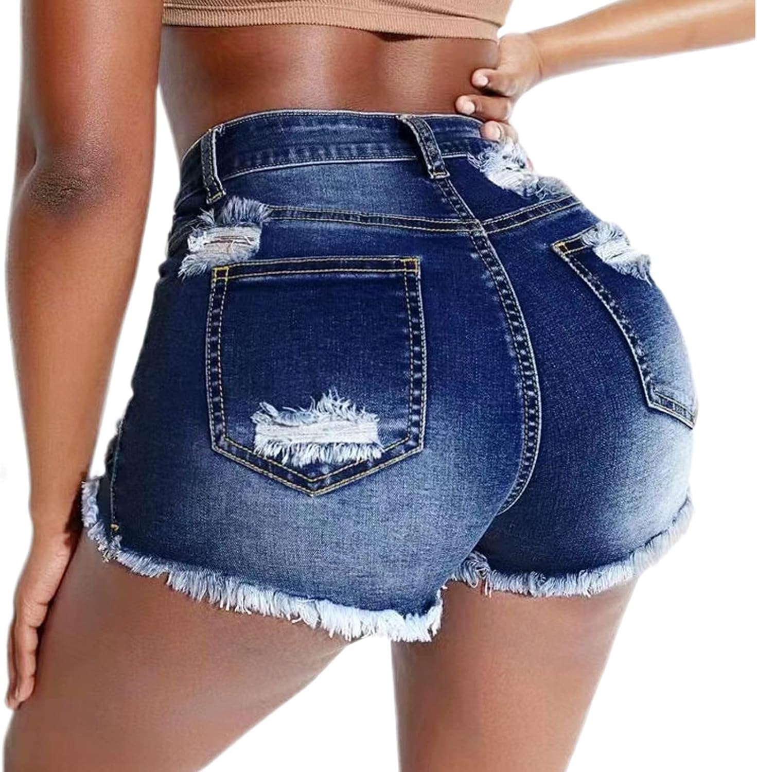 Women's Stretch Ripped Denim Shorts Mid Waist Casual Frayed Raw Hem Distressed Jean Shorts - Image 3