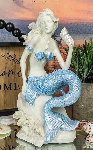 Miniatura 3 de Ebros Gift Diosa náutica del océano, bonita sirena con cola azul, concha, concha, estatua decorativa de 8 pulgadas de alto, diseño de sirenas de