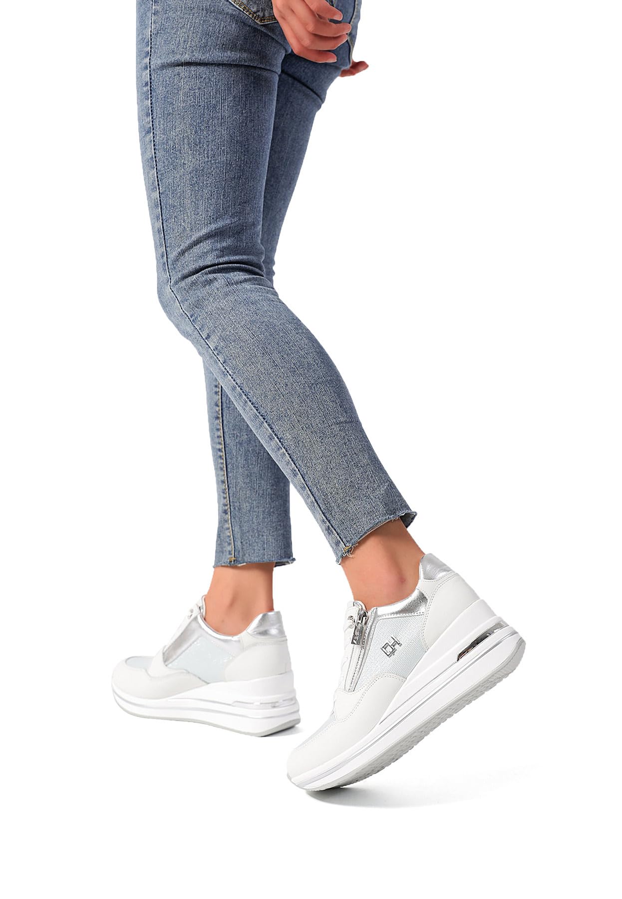 QUEEN HELENA Sneakers in Vera Pelle con Zeppa Scarpe da Ginnastica Alte Casual Donna QH9009