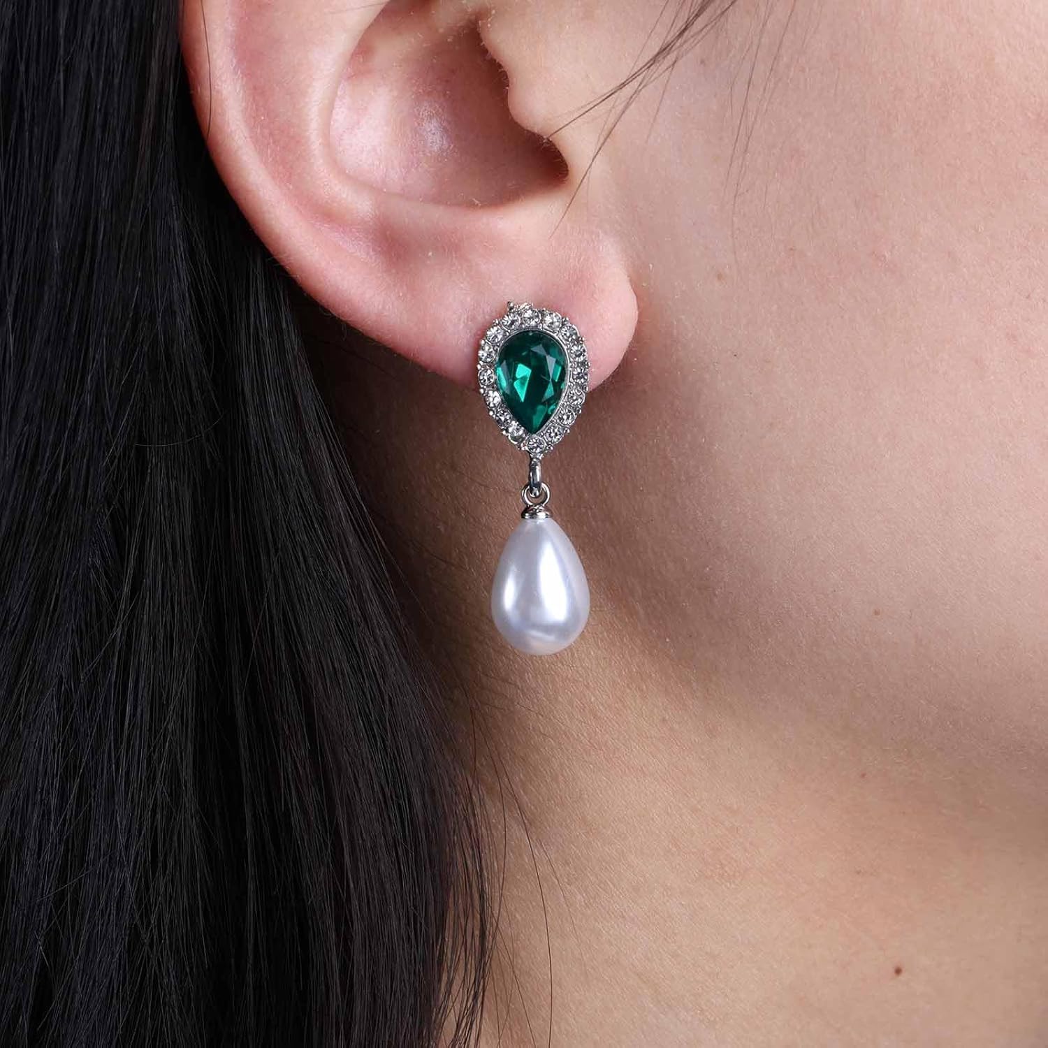 Vintage Teardrop Pearl Dangle Earrings Silver Green Emerald Emerald Teardrop White Pearl Drop Earrings Waterdrop Green Crystal Earrings Jewelry for Women - Image 2