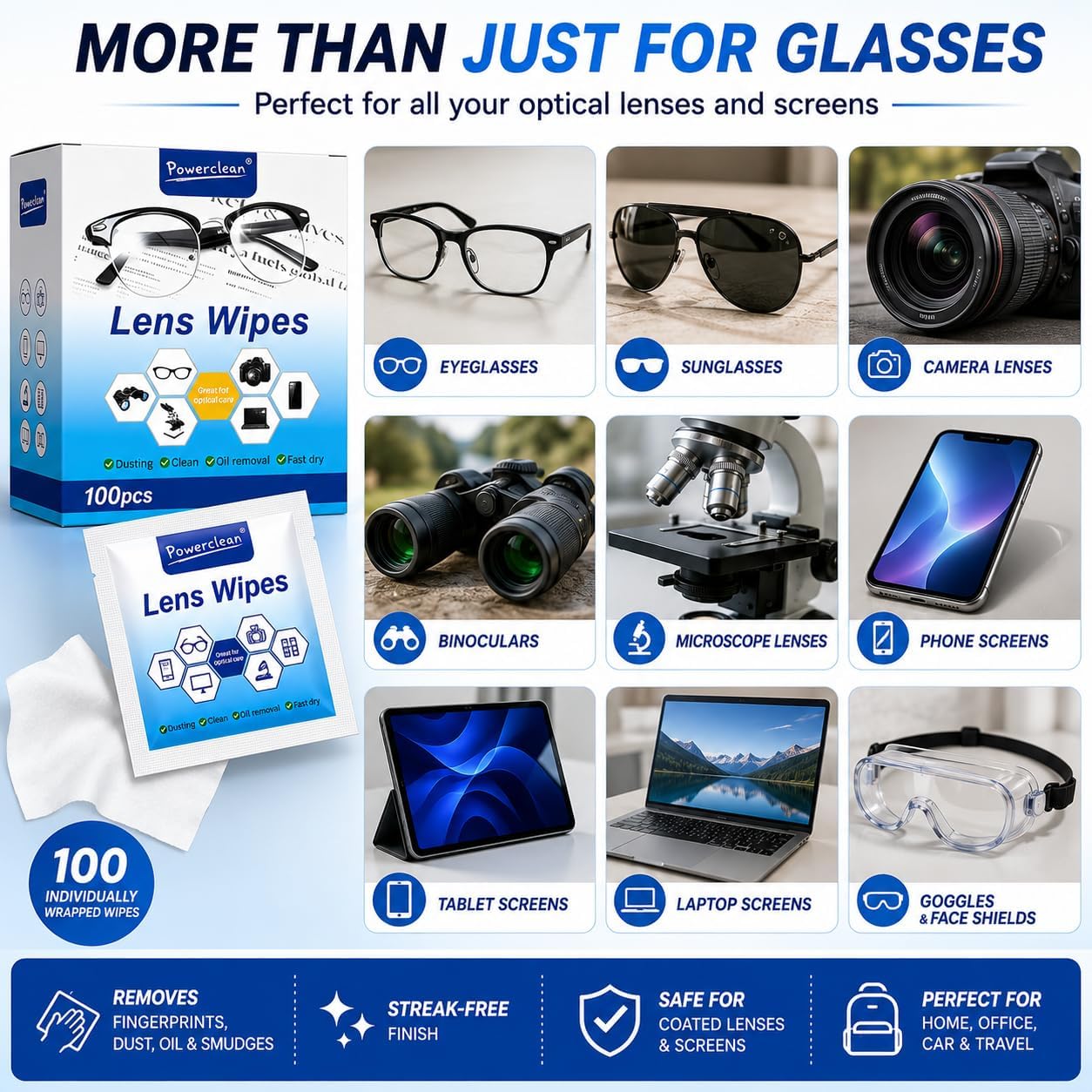 100 Count Lens Cleaning Wipes for Eyeglasses, Individually Wrapped Pre-Moistened Lens Wipes, Streak-Free and Scratch-Free Cleaner for Glasses, Sunglasses, Camera Lenses, Phones and Screens