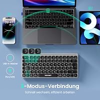 TECKNET Újratölthető Mini Bluetooth Billentyűzet - 3 Eszköz Váltás (2.4G + 2BT), QWERTZ, MacOS/iOS/Windows/Linux/Android Kompatibilis, Szürk 2