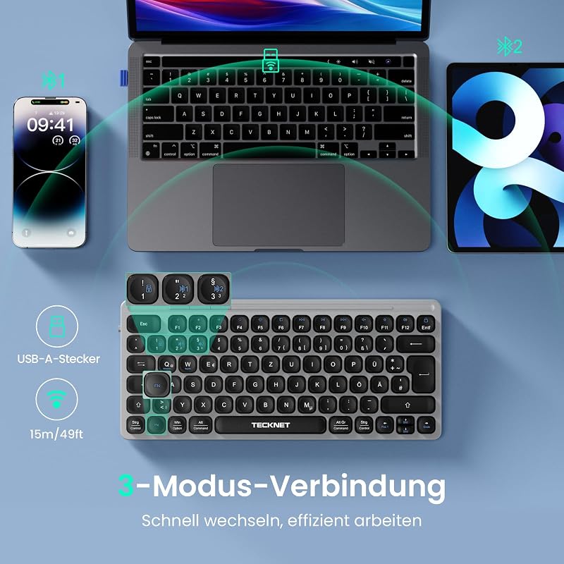 TECKNET Újratölthető Mini Bluetooth Billentyűzet - 3 Eszköz Váltás (2.4G + 2BT), QWERTZ, MacOS/iOS/Windows/Linux/Android Kompatibilis, Szürk