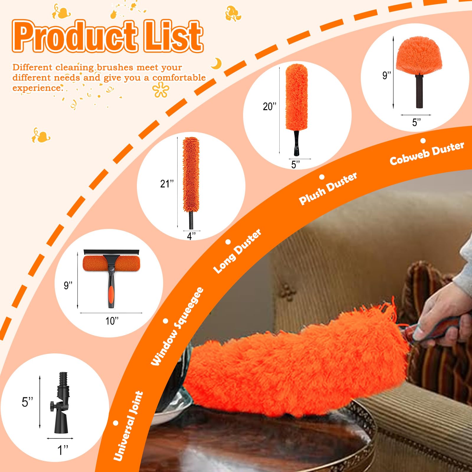 LAANPOLE Kit de Limpieza y Plumero de Gran Alcance 7,2m con Pértiga de Extensión, Herramienta para Limpiar Aspas de Ventilador de Techo, Kit de Limpieza de Cristales con Plumero