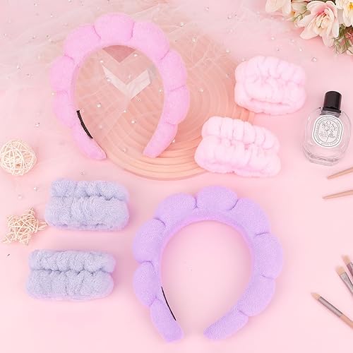 Miniatura 7 de ACO-UINT Juego de 6 diademas de spa y muñequeras, diademas para el cuidado de la piel, diadema de maquillaje, diadema de esponja para lavar la cara,