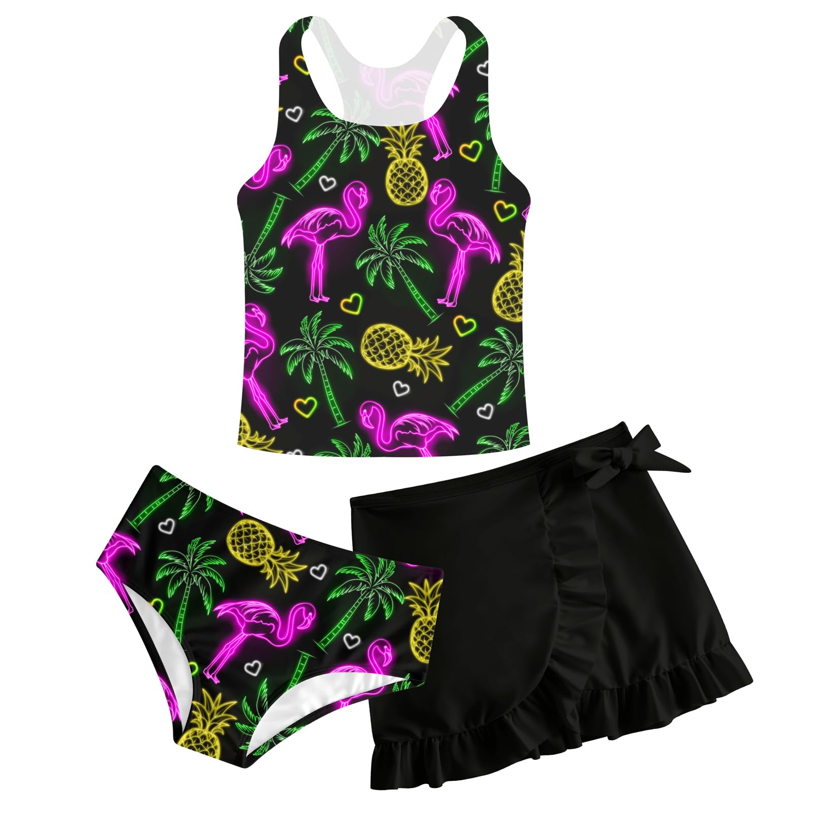 Girls Swimsuits 3 Piece Tankini Bathing Suit Set Cute Bikini Swimwear with Cover Ups Beach Skirt 5-16 Years