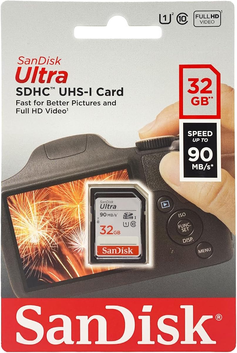 Tarjeta de memoria Ultra SDHC UHS-I de 32 GB - 90 MB/s, C10, U1, Full HD, tarjeta SD - SDSDUNR-032G-GN6IN | Hasta 90 MB/s de lectura, UHS-I, U1, Clase 10, vídeo Full HD, diseño resistente al agua, construcción resistente a impactos
