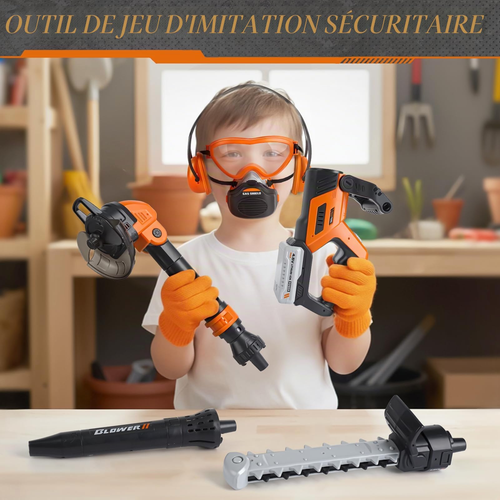 Outils de Jardin pour Enfants 3 en 1 - Débroussailleuse Enfant, Souffleur Enfant & Tronconneuse Enfant, Jouets de Jeu Imaginaires à L'extérieur & à L'intérieur pour Garçons Filles, Jouet Enfant 3 Ans