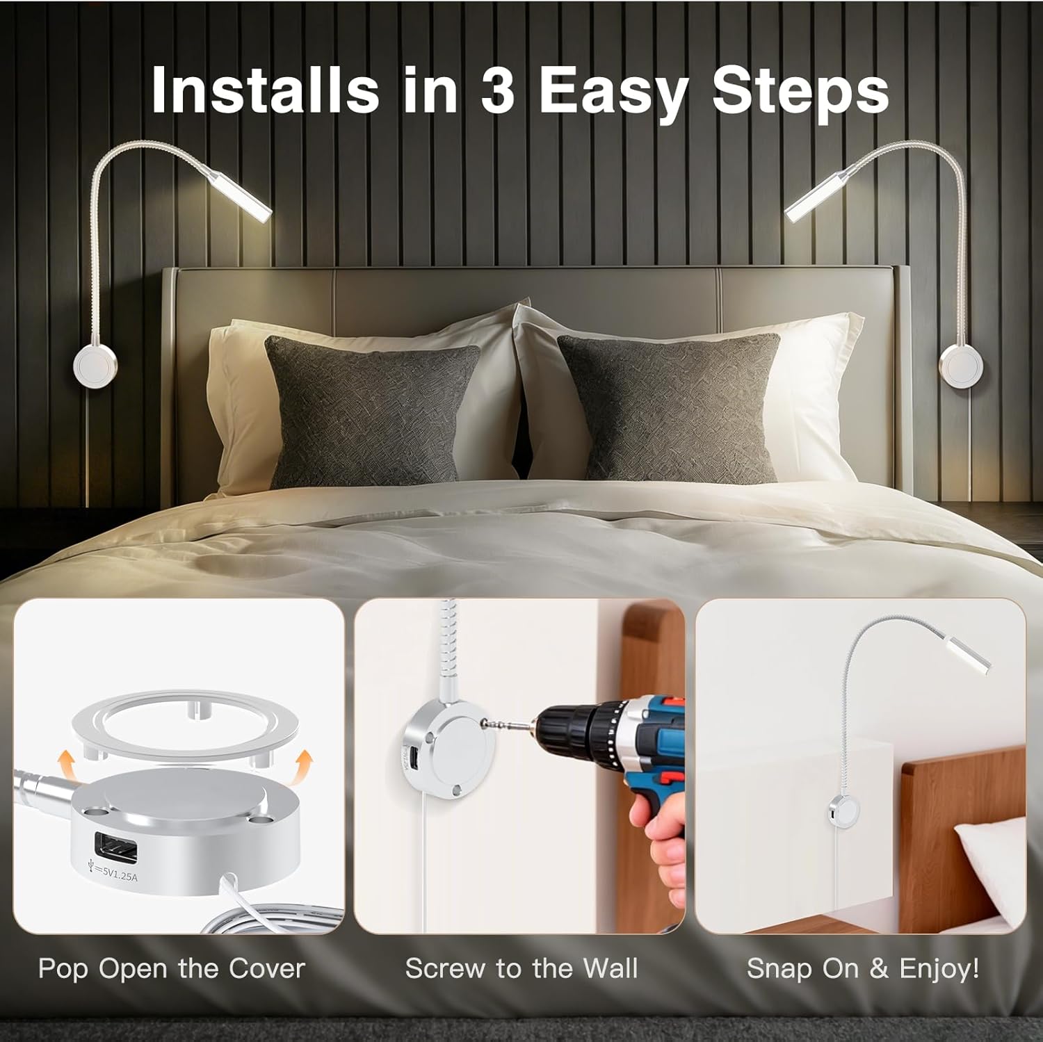 VST Books Lights for Headboard, Bedside Wall Mounted Reading Lamp, Reading Light Touch to Adjust Color Temp (3000K/4000K/6000K) and Brightness, USB/Type-C Charging Ports, 20W Driver, ETL-Listed