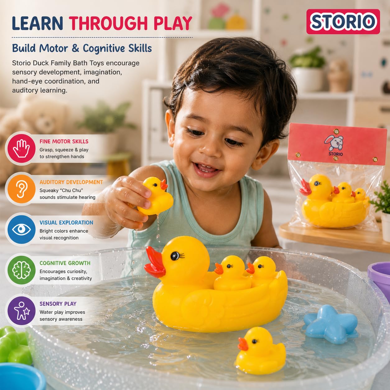 Storio Super Cute Duck Family Animals Swimming Water Toys Non-Toxic,BPA Free Colorful Soft Rubber Float Squeeze Sound Squeaky Bathing Toy for Baby Chu Chu Toy Set of 4 (1 Duck + 3 Ducklings) 3