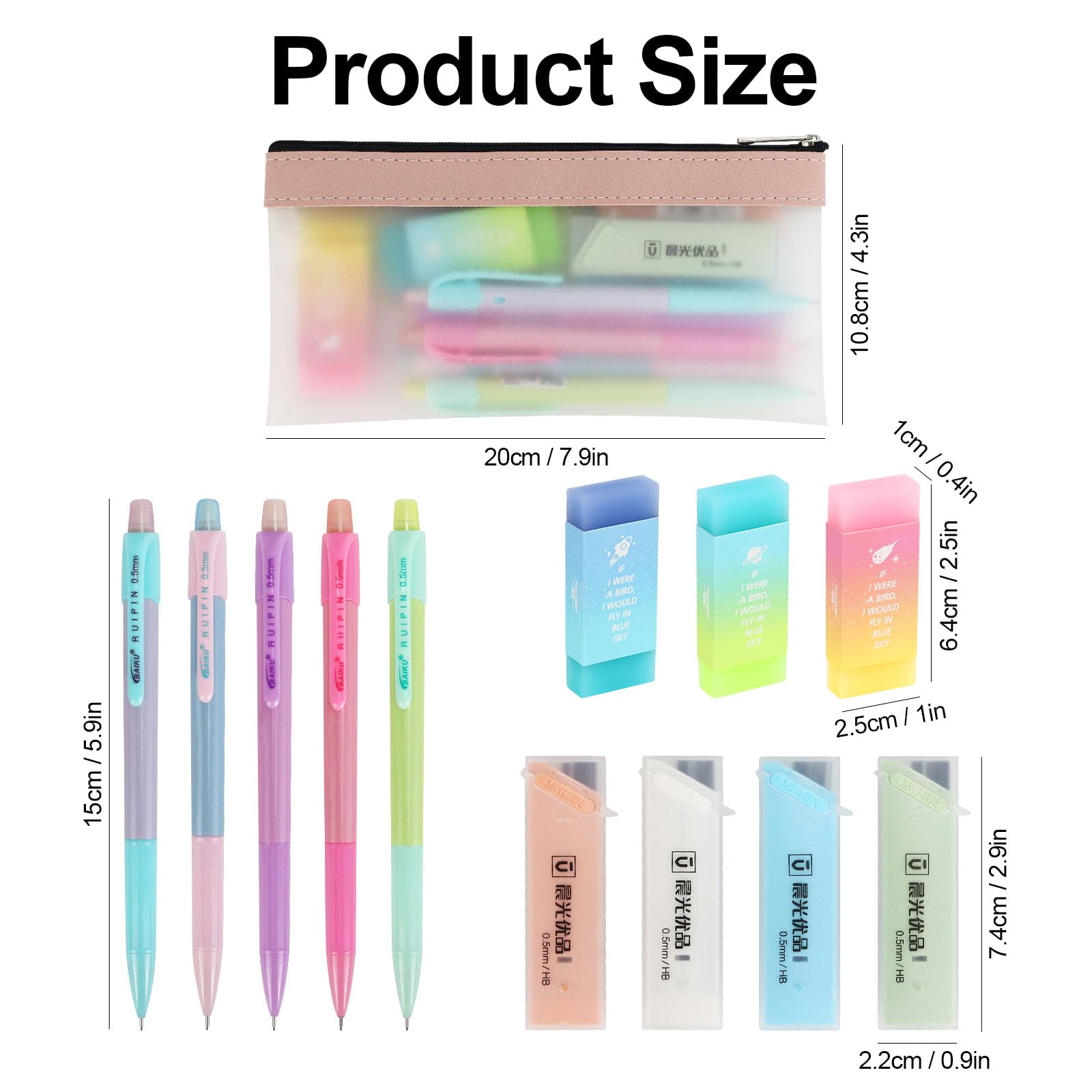 Buqoo Juego de portaminas, 5 lápices mecánicos pastel de 0.5 mm, 3 gomas de borrar degradadas de gelatina de caramelo con 80 recambios de mina HB 0.5 y bolsa con cremallera para arte, lápices de