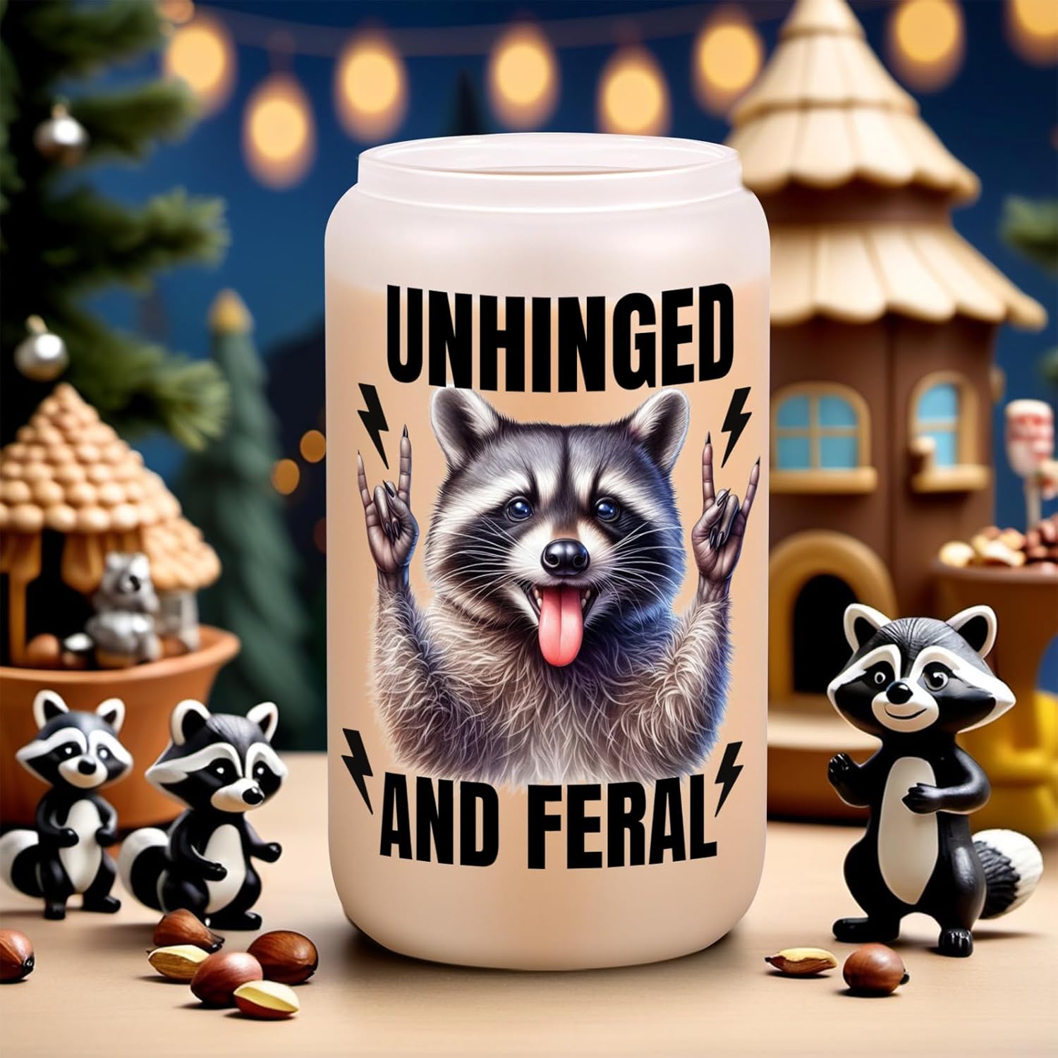 Fairy's Gift Raccoon Iced Coffee Cup, Cute Racoon Frosted Glass Tumbler w/Lid Straw, Feral Mom Gifts, Raccoon Cup - Unhinged and Feral - Funny Valentines Birthday Racoon Gifts for Women Wild Mom Girl - Image 3
