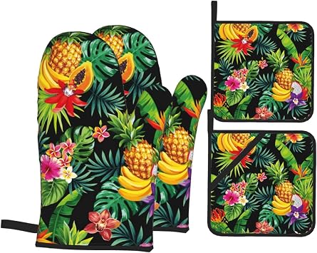 Tropical Fruit Pineapple, Palm Leaves and Flowers Oven Mitts and Potholders Professional Heat Resistant Cotton Oven Mitts Kitchen Gloves 4 Piece Set
