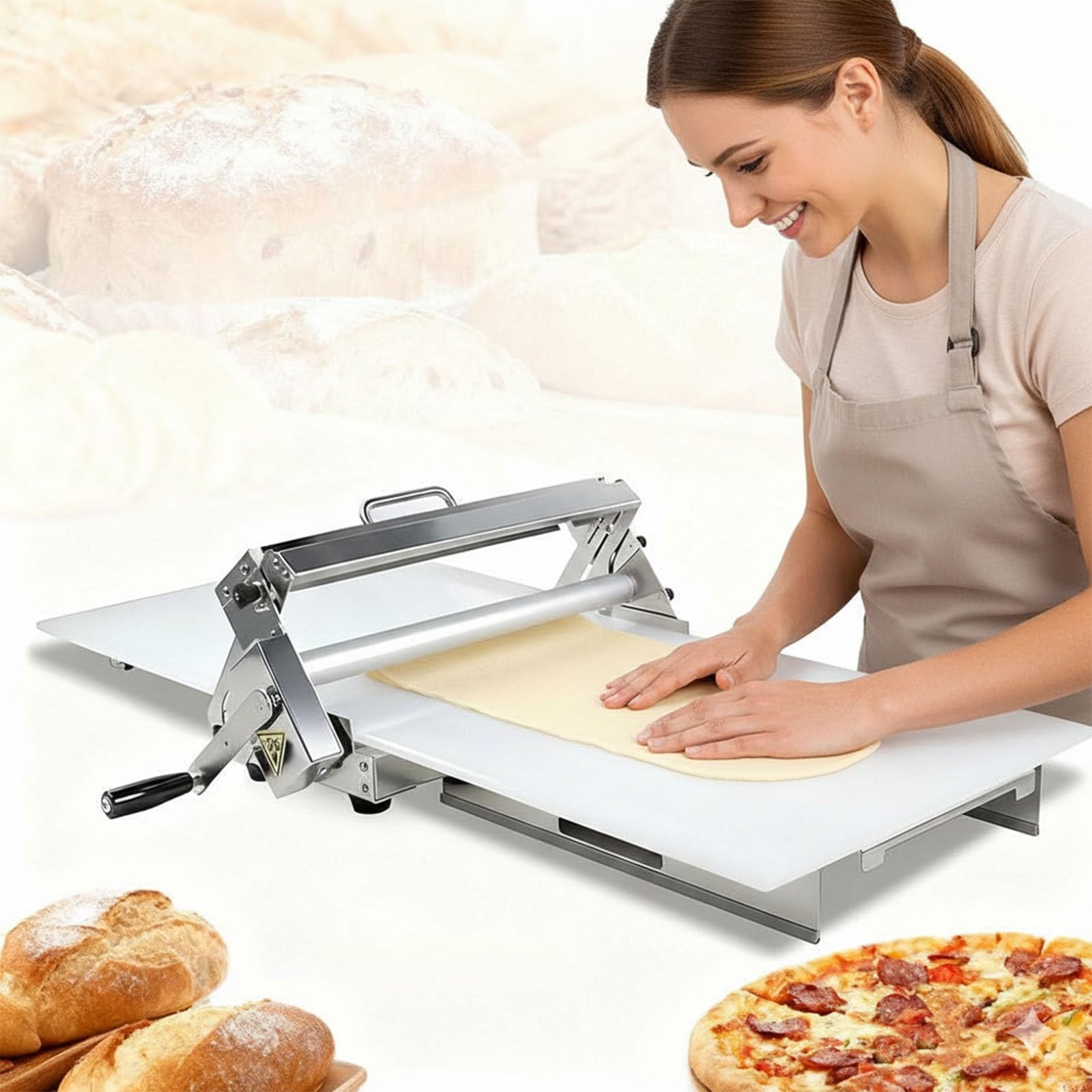 Laminadora manual de croissant, capacidad de 0,5 mm de grosor, rodillo de repostería ajustable de acero inoxidable de 10 engranajes, equipo de panadería plegable