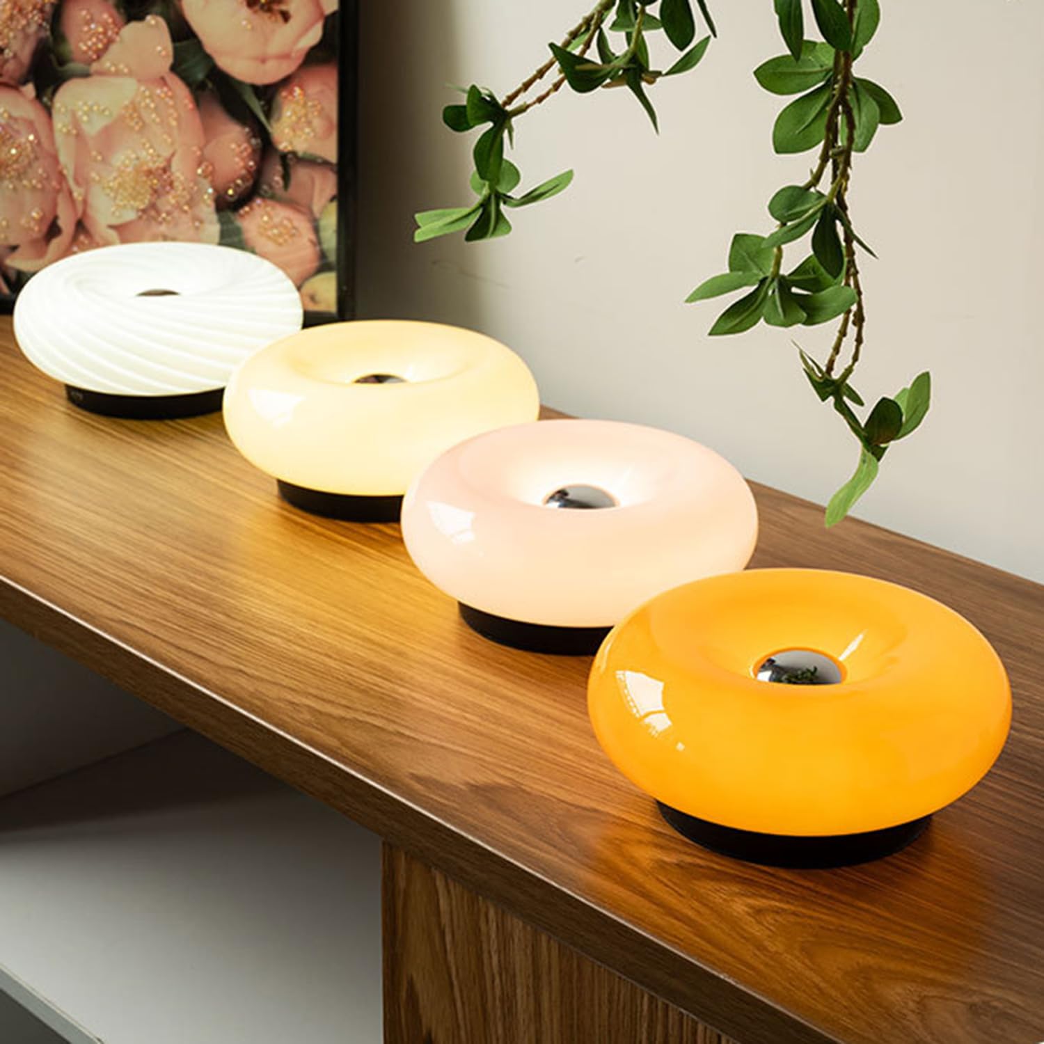 LED Donut Tischlampe Klein Moderne Designleuchte mit Ambientelicht 3 Farbtemperatur Akku USB Aufladbar Tischleuchte mit Touch Dimmbar Nachttischlampe Ohne Kabel Glas Lampenschirm 1800mAh,Orange